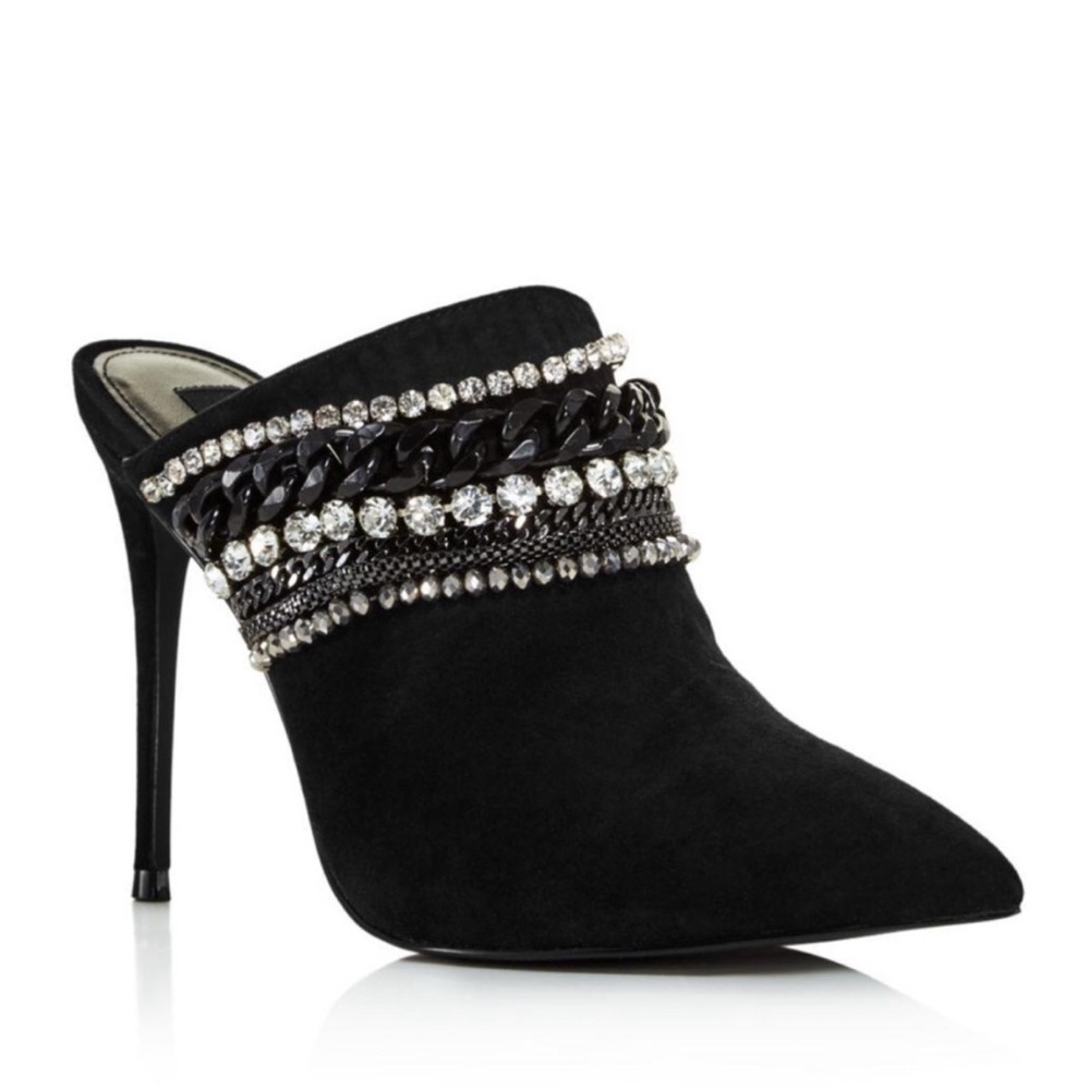 Aqua Black Suede Pointed Toe Crystal Chain Mule Heels